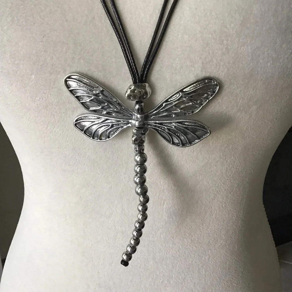 LAST 1! NEW Dragonfly Statement Necklace Movable Wings Gardener Black Cord Lucky
